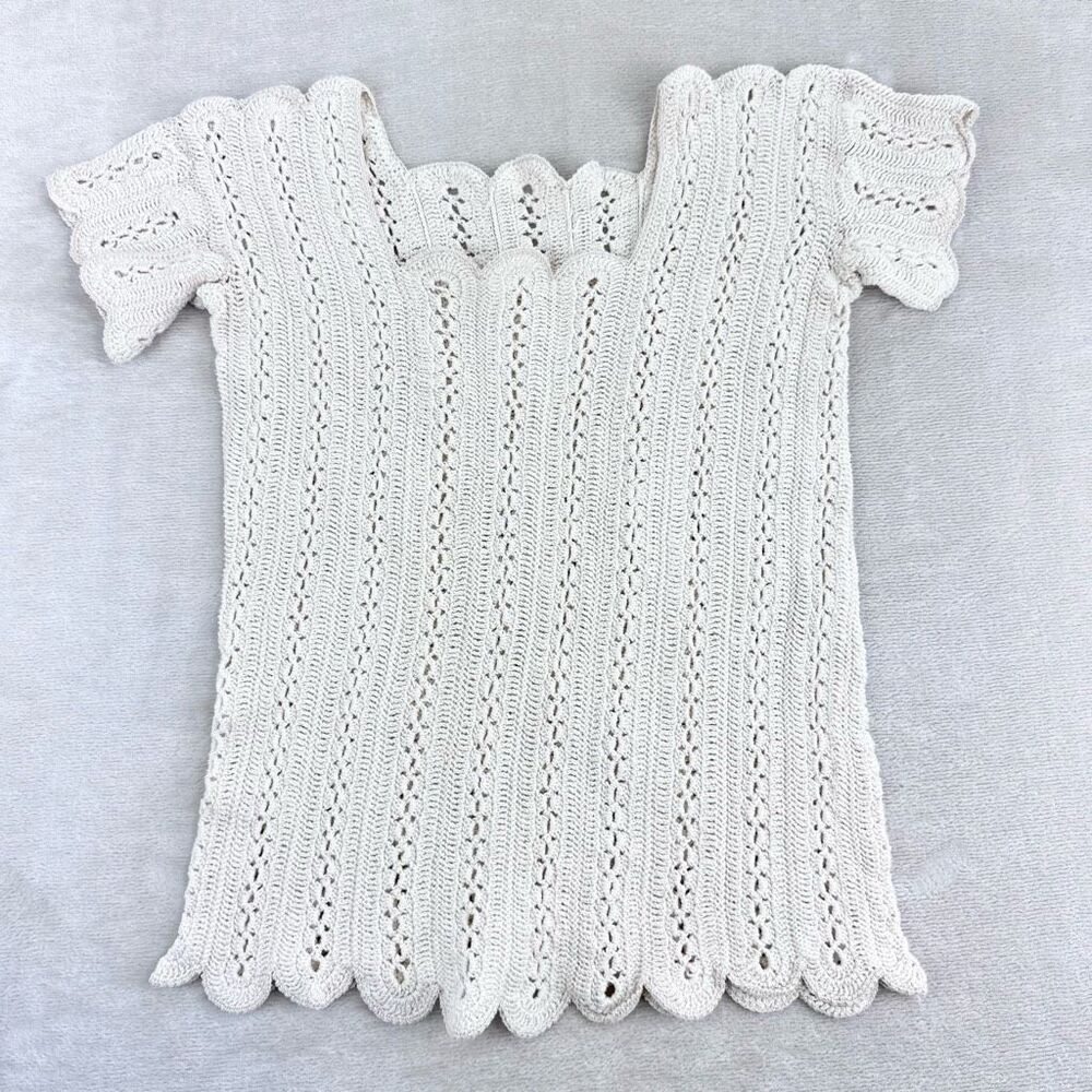 Vintage Blouse Women’s S White Crocheted Handmade Cottage Core Lagenlook 70s